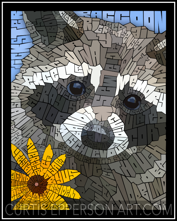 Raccoon With A Flower - Word Mosaic Art Print